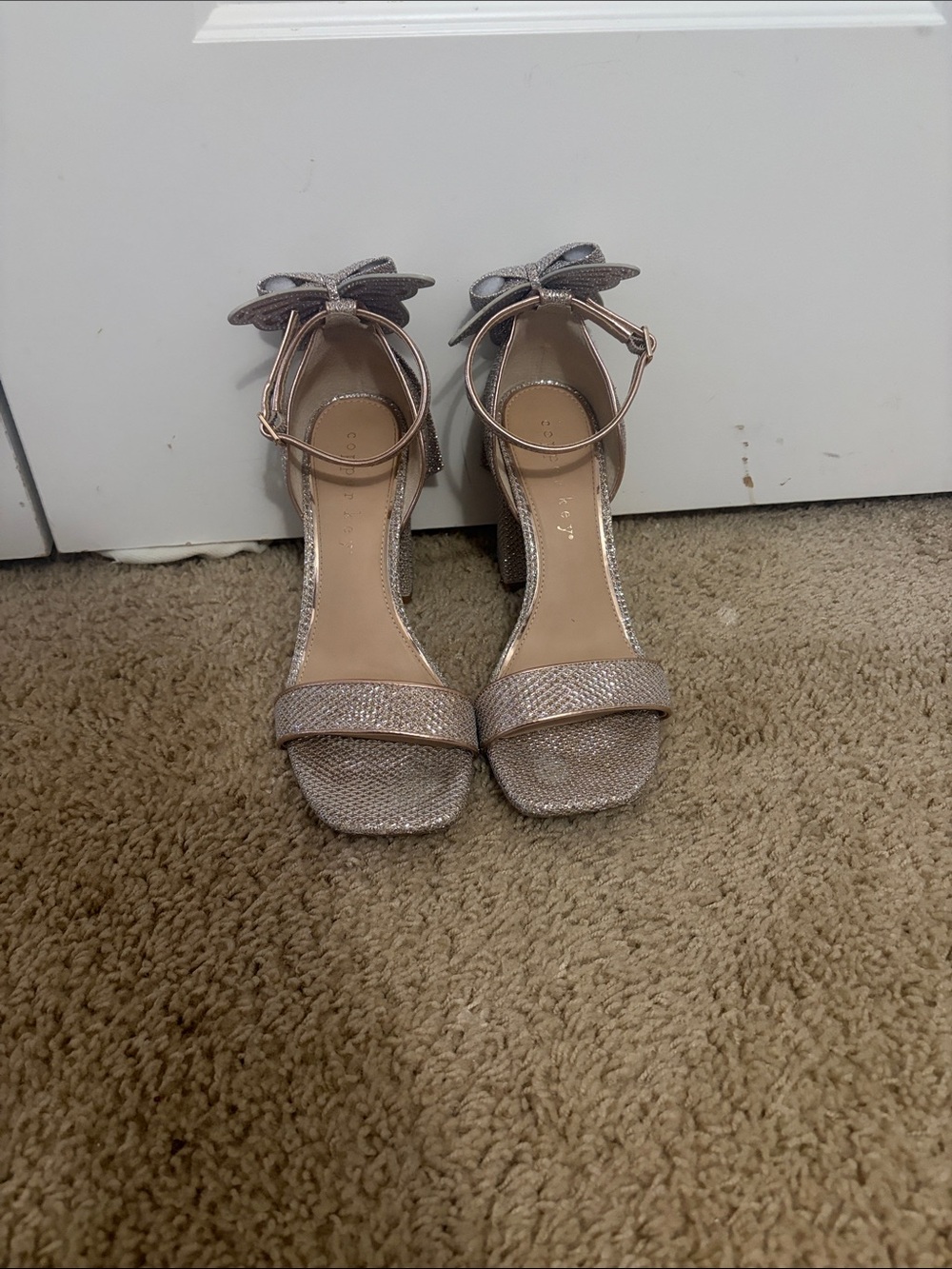 Sparkle Bow Ankle-Strap Heels in Rose Gold